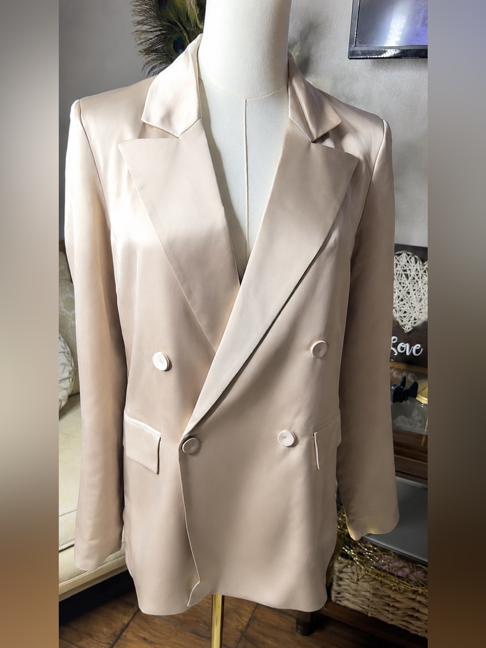 NWT Truth by Republic Satin Blazer Champagne Double Breasted Jacket Quiet Luxury